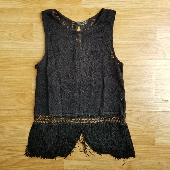 DULCIE Anthropologie black sleeveless lace tank top with black fringe M - Picture 7 of 8